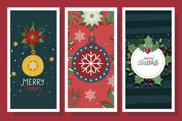 Set frohe Weihnachten Plakat mit Dekoration — Stockvektor