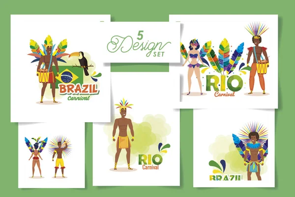 Set five designs of brazil carnival with people — Stock Vector