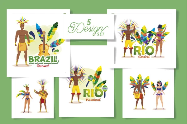 Set five designs of brazil carnival with people — Stock Vector