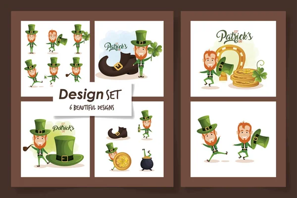 Impostare sei disegni di giorno st patricks con leprechaun e icone — Vettoriale Stock