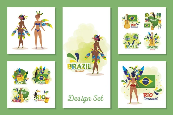 Conjunto de diseños de carnaval brasileño con mujeres e iconos — Vector de stock