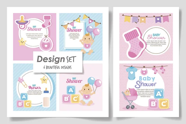 Set zes ontwerpen van baby shower voor meisje — Stockvector