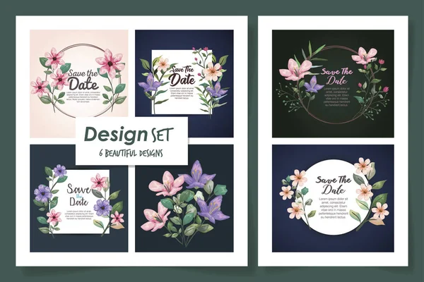 Set zes ontwerpen van kaarten met bloemen decoratie en bladeren — Stockvector