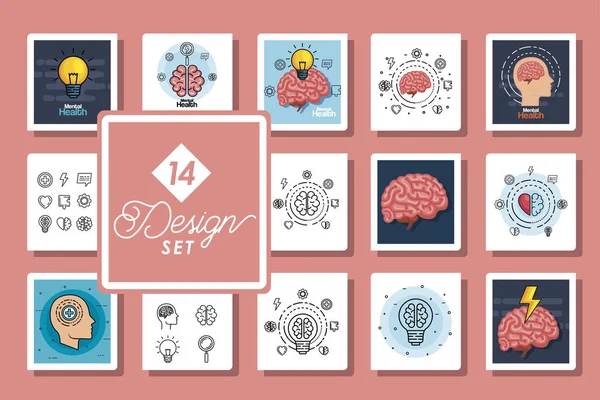 Set of fourteen designs health mental day — ストックベクタ