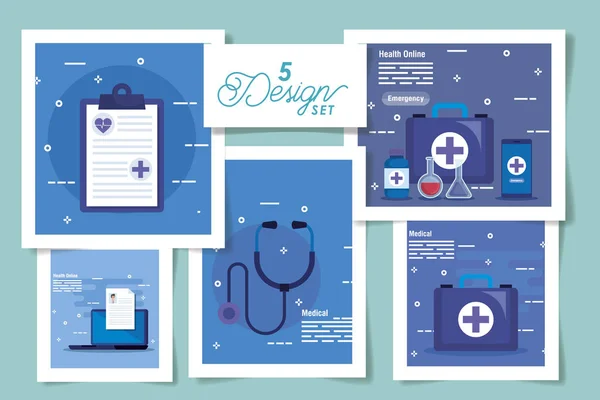 Set five designs of medicine online and icons — ストックベクタ