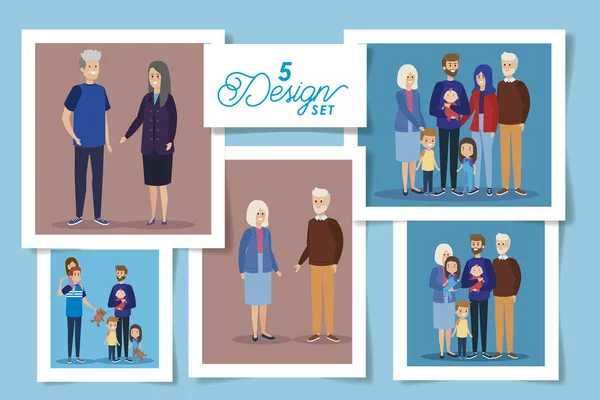 Büyükanne ve büyükbaba ve aile üyelerinin beş tasarımını ayarla — Stok Vektör