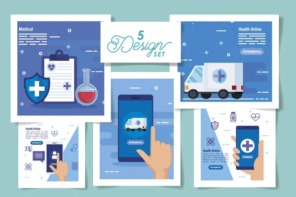 Set five designs of medicine online and icons — ストックベクタ