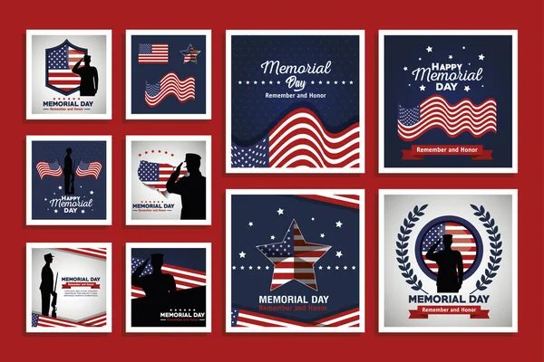 Design set of happy memorial day — ストックベクタ