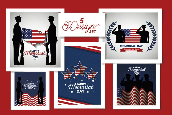 Set of five designs happy memorial day — ストックベクタ