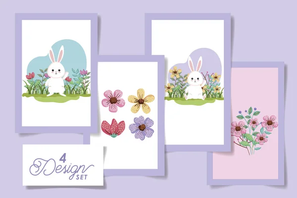 Définir quatre modèles de lapins de Pâques avec des fleurs — Image vectorielle