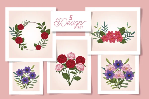 Készlet öt tervez aranyos virágok — Stock Vector