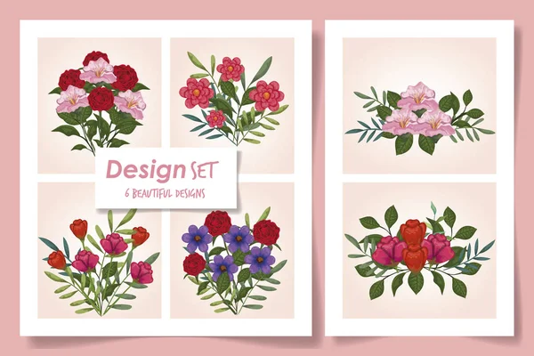Set of six designs with cute flowers — Stock Vector