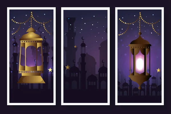 Ensemble lanternes pendaison de ramadan kareem — Image vectorielle