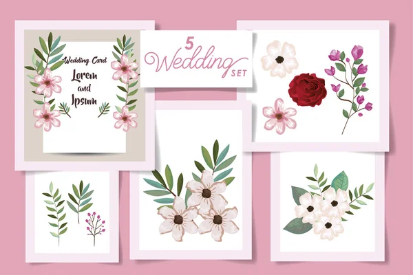 Cinco diseños con tarjeta de invitación de boda y flores — Archivo Imágenes Vectoriales