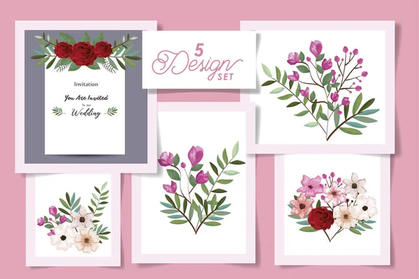 Öt tervez esküvői meghívó kártya és díszlet virágok — Stock Vector