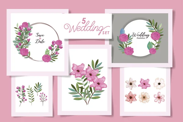 Fem mönster med bröllopsinbjudan kort och uppsättning blommor — Stock vektor