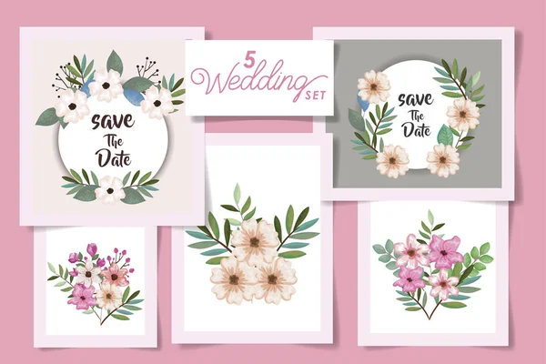 Vijf ontwerpen met bruiloft uitnodigingskaarten en set bloemen — Stockvector