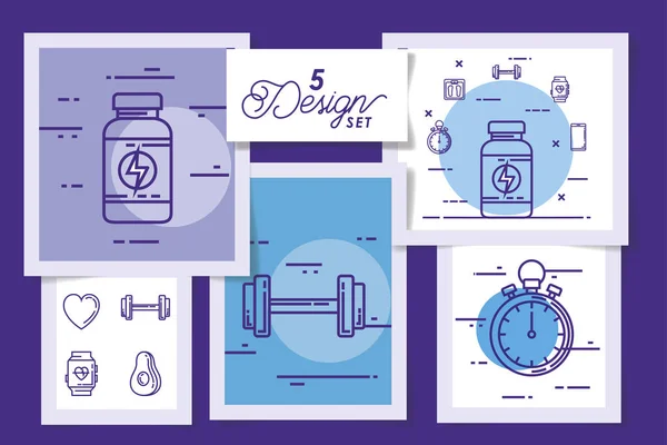 Cinco diseños de estilo de vida saludable e iconos — Vector de stock