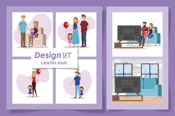 成员家庭场景的六种设计 — 图库矢量图片