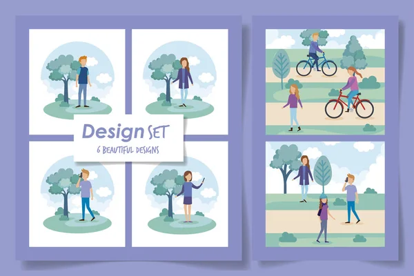 Sex design av människor i parken — Stock vektor