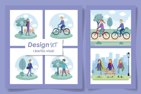 Seis diseños de personas en el parque — Vector de stock