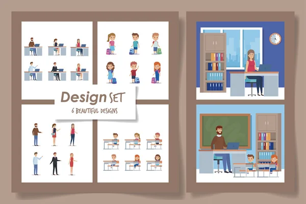 Sei disegni di studenti con scene di insegnanti — Vettoriale Stock