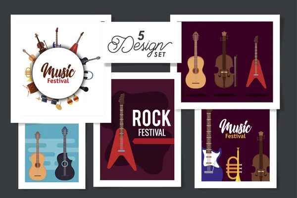 Five designs of music festival with instruments — Stock Vector