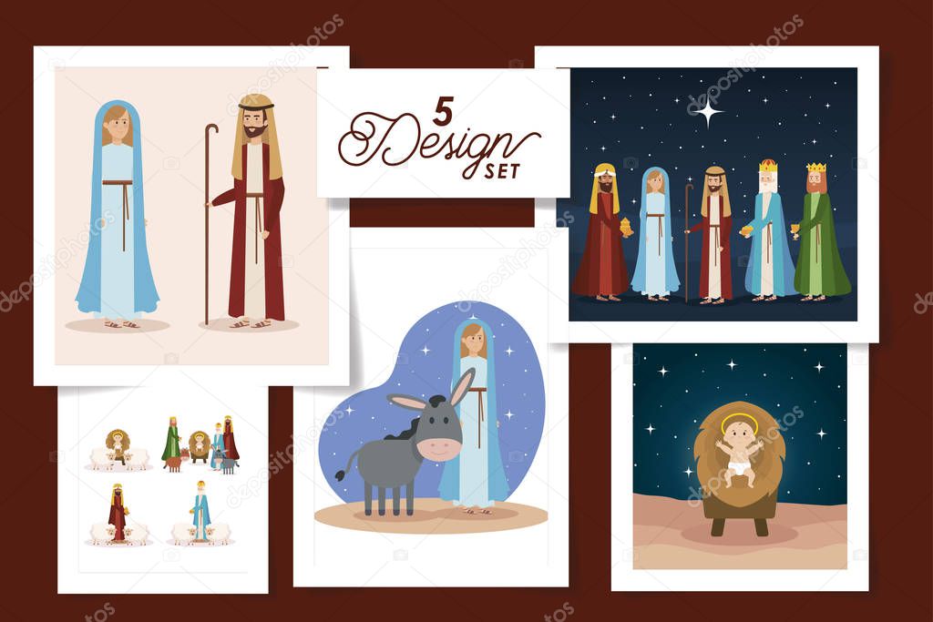 five designs of scenes manger characters