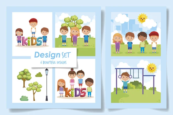 Six designs of kids in the park — ストックベクタ