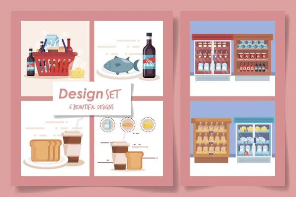 Six designs set of products supermarket — ストックベクタ