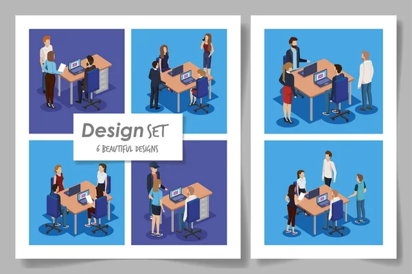 Seis diseños con empresarios en el lugar de trabajo — Vector de stock