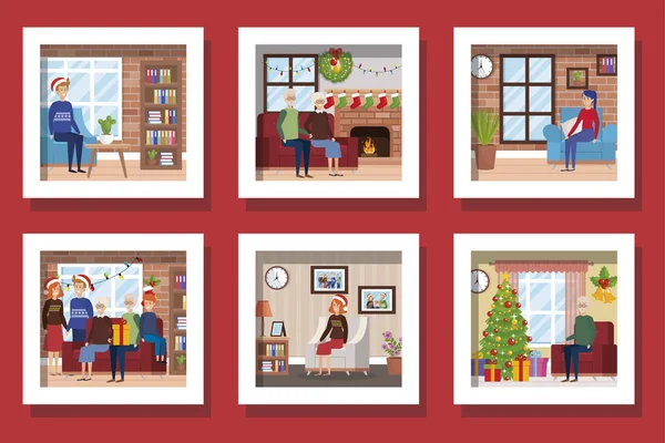 成堆的家庭成员圣诞节的场面 — 图库矢量图片