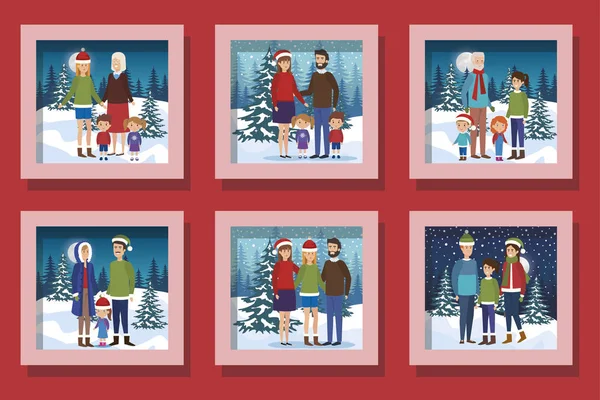 Desenhos de pessoas de Natal na paisagem de inverno —  Vetores de Stock