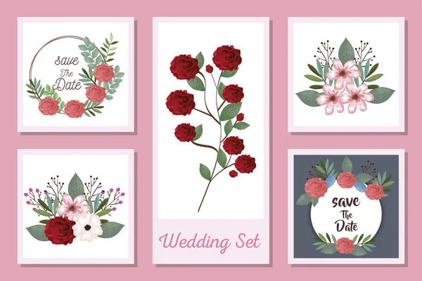 Conjunto de diseños de tarjetas de invitación de boda y flores — Archivo Imágenes Vectoriales