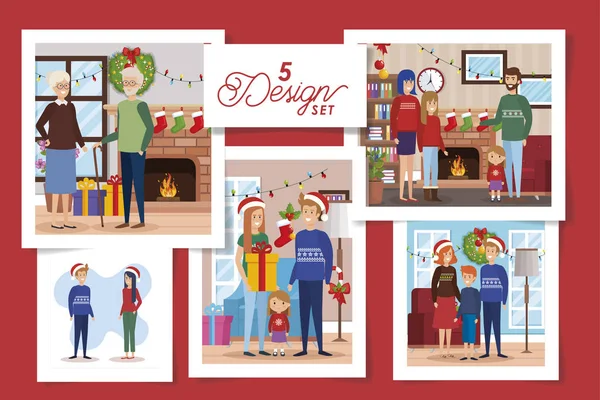 Fem mönster av jul familj med dekoration — Stock vektor