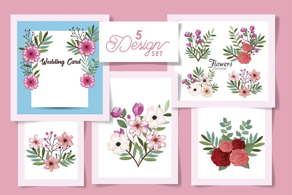 Vijf ontwerpen met trouwkaart en set bloemen — Stockvector