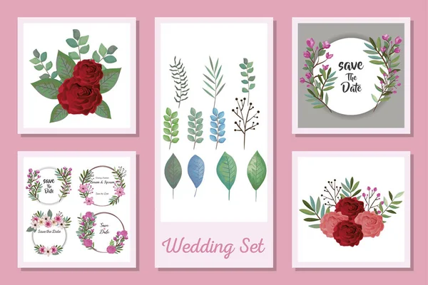 Conjunto de diseños de tarjetas de invitación de boda y flores — Vector de stock