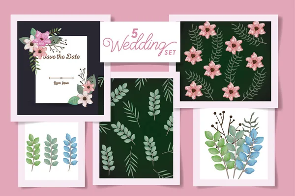 Cinco diseños con tarjeta de invitación de boda y flores — Archivo Imágenes Vectoriales
