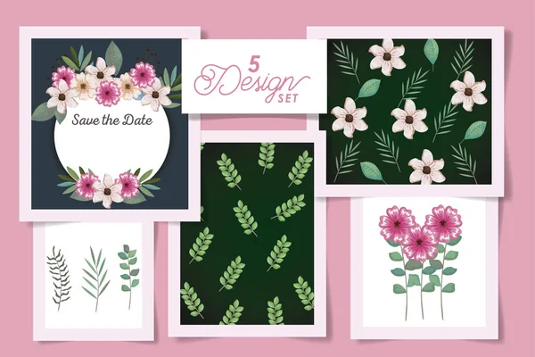 Definir desenhos de cartão de convite de casamento e flores — Vetor de Stock