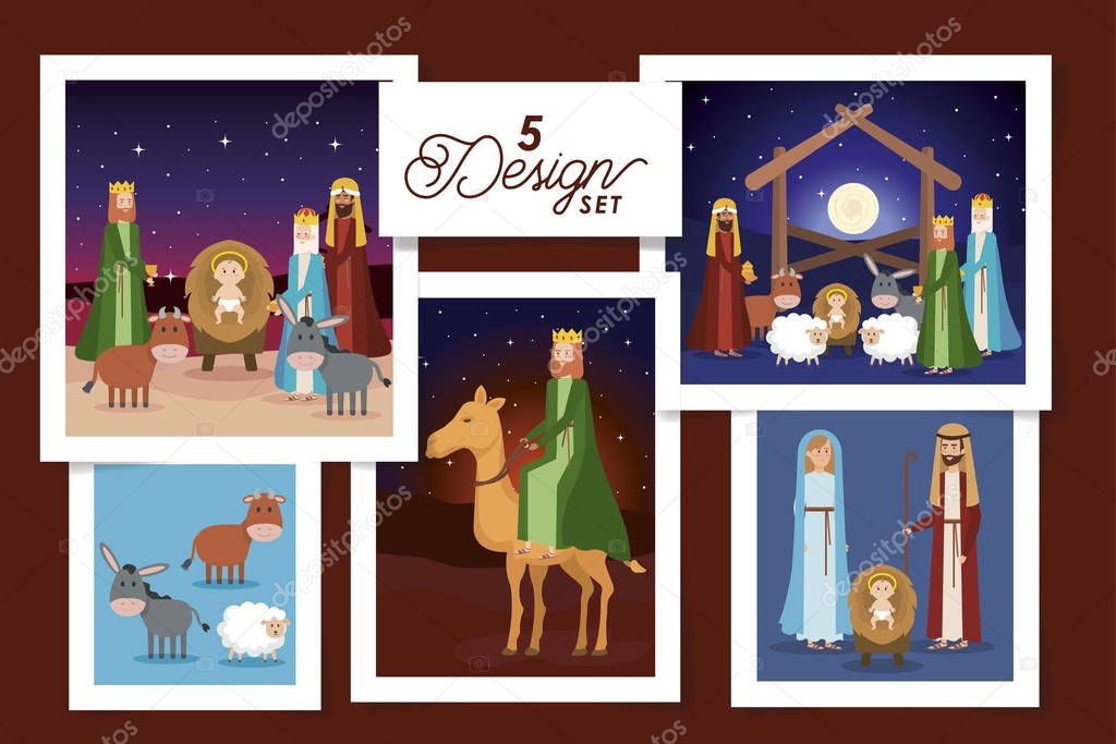 five designs of scenes manger characters