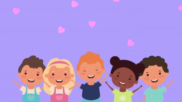 Weinig interraciale kinderen groep personages — Stockvideo