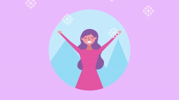 Сцена зимнего снега с женщиной в снежинках — стоковое видео
