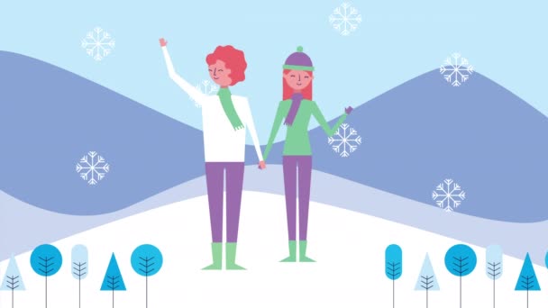 Сцена зимнего снега с женщинами и лесом — стоковое видео