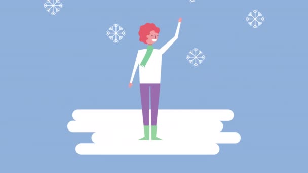 Invierno paisaje de nieve escena con mujer en copos de nieve — Vídeos de Stock