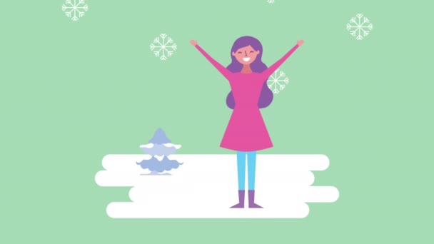 Invierno paisaje de nieve escena con mujer y pino — Vídeos de Stock
