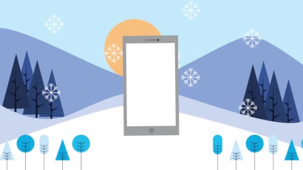 Zimowa scena snowscape z kobietą i smartfonem — Wideo stockowe