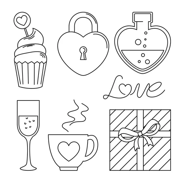 Set iconos de día de San Valentín con decoración — Archivo Imágenes Vectoriales