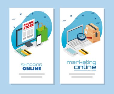 Bilgisayarı çevrimiçi alışveriş ve pazarlama simgeleri ile ayarla