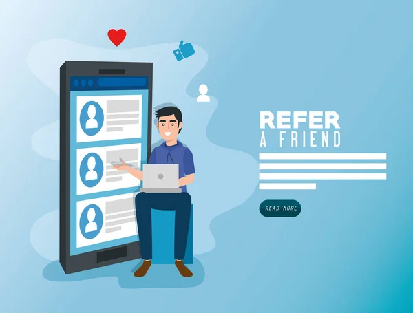 Poster of refer a friend with young man and smartphone — Stock Vector