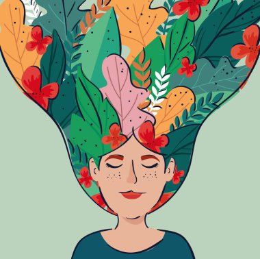 Saçında tropik yapraklar olan güzel bir kadın.
